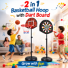 2 in 1 Kids Basketball Hoop with Dart Board – Height Adjustable Indoor Outdoor Sports Toy Set with Ball & 6 Darts