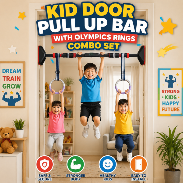 Kids Gymnastics Ring With Door Pull-Up Bar Combo Set – 200kg Capacity, No Screw Installation